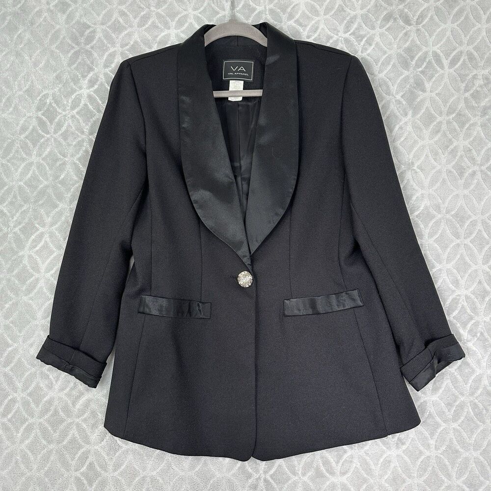 Vtg Tuxedo Blazer Women 6 Small Black Satin Shawl Collar Rhinestone 1 Button 80s